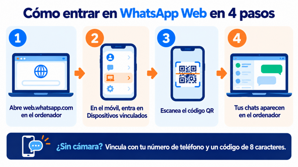 Cómo entrar en WhatsApp Web en 4 pasos: abre web.whatsapp.com, entra en Dispositivos vinculados en el móvil, escanea el código QR y espera a que se carguen tus chats
