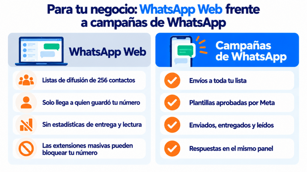 WhatsApp Web frente a campañas de WhatsApp: listas de 256 contactos, sin estadísticas y riesgo de bloqueo frente a envíos a toda tu lista con plantillas aprobadas por Meta y estadísticas