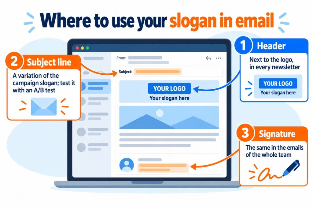 Where to use your slogan in email: newsletter header, signature and subject line