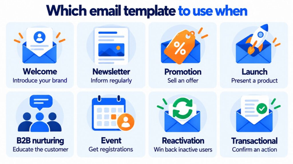 Which email template to use when: welcome, newsletter, promotion, launch, B2B nurturing, event, reactivation and transactional