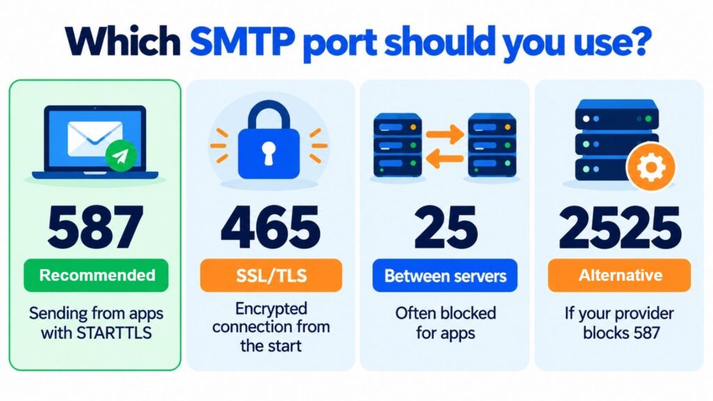 Which SMTP port to use: 587 recommended with STARTTLS, 465 with SSL/TLS, 25 between servers and 2525 as an alternative
