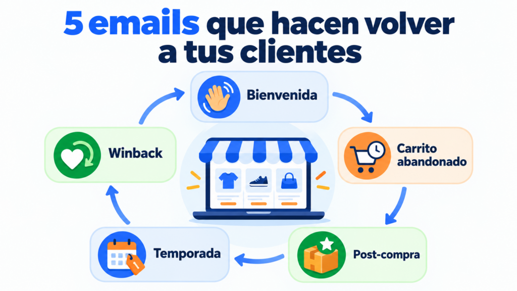 Ciclo de 5 emails que fazem os clientes de uma loja virtual voltarem: boas-vindas, carrinho abandonado, pós-compra, sazonal e winback