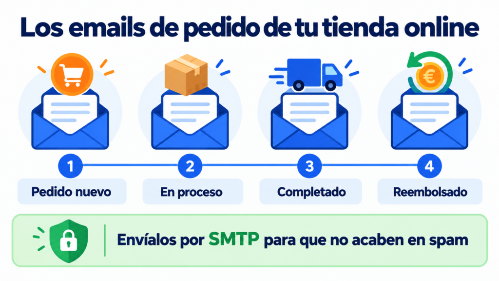 Os emails de pedido de uma loja virtual: novo pedido, em processamento, concluído e reembolsado, com a dica de enviá-los por SMTP para que não acabem no spam