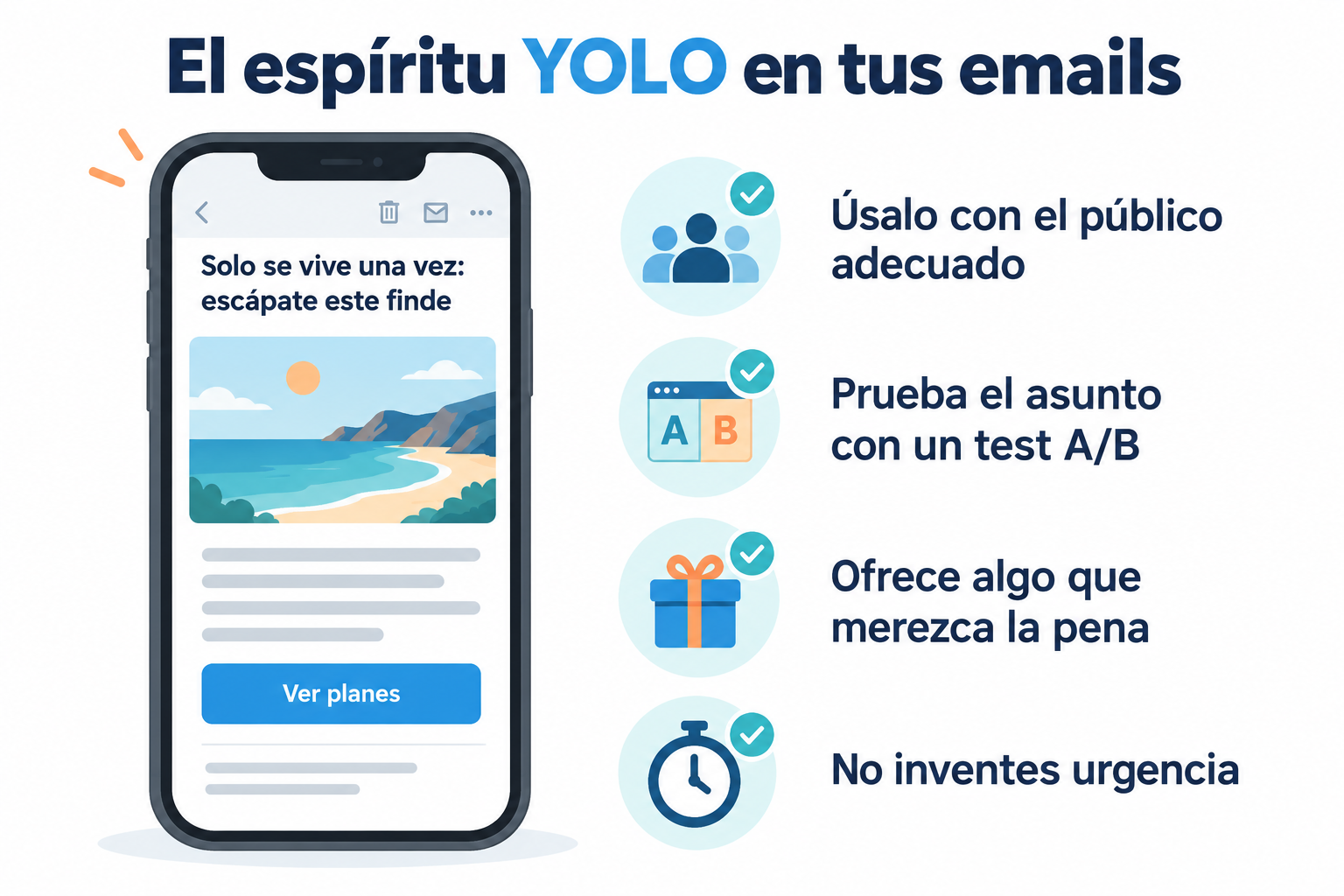 Infográfico sobre o espírito YOLO nos seus emails: exemplo de email em um celular e quatro dicas para usar esse tom