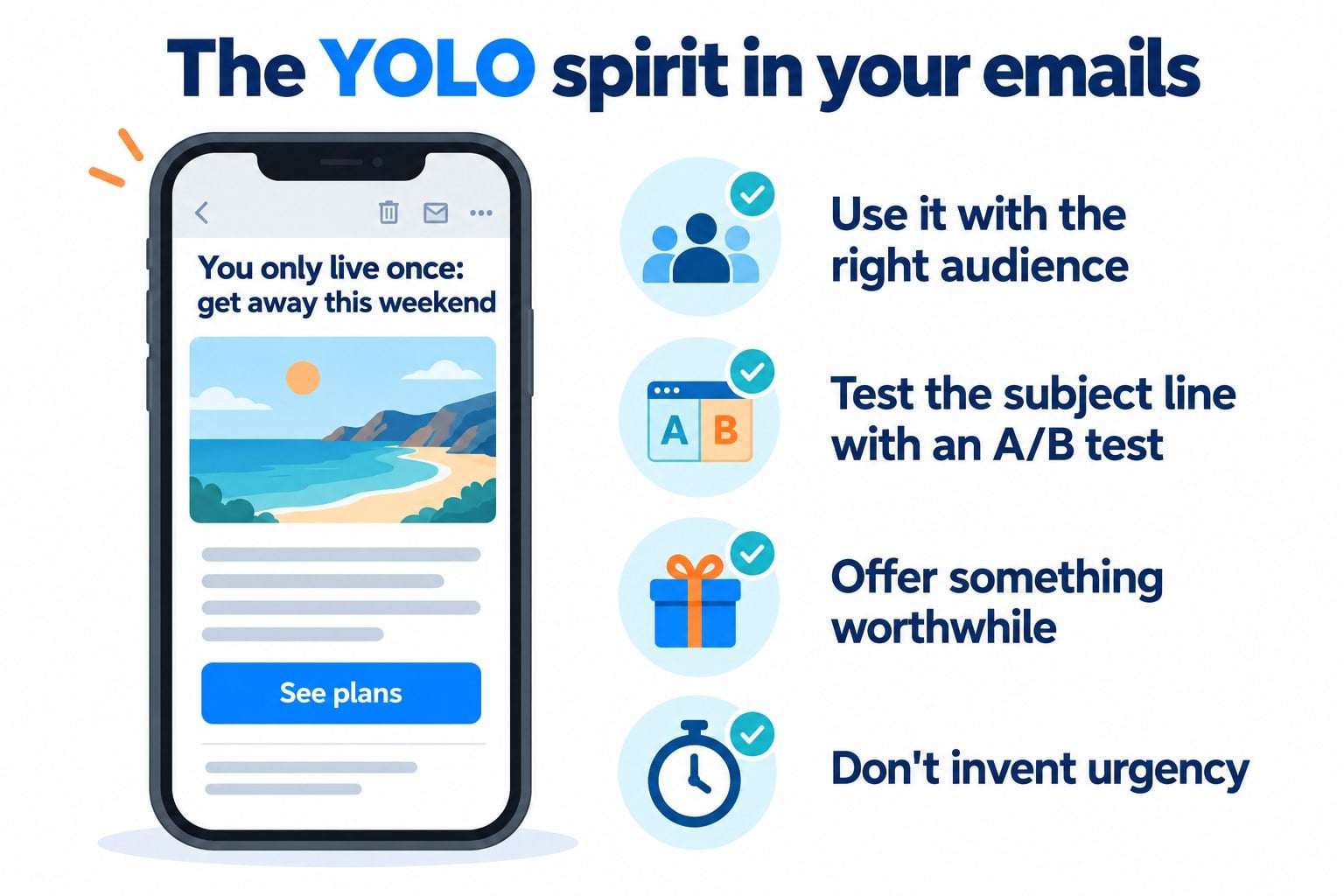 Infographic on the YOLO spirit in your emails: an example email on a mobile phone and four tips for using this tone